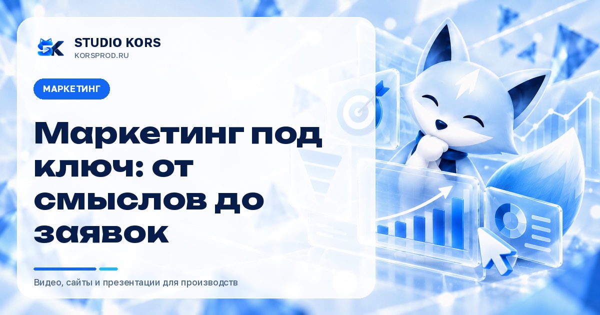 Обложка услуги «Маркетинг под ключ: от смыслов до заявок» студии KORS: лис-талисман и графики роста