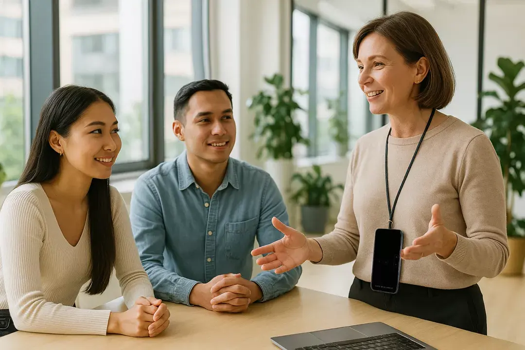 Консультант WebWellness проводит презентацию БРТ прибора в шоуруме Алматы