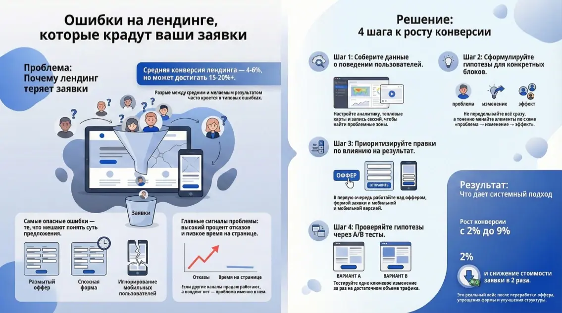 Инфографика: Ошибки на лендинге, которые крадут ваши заявки и решение к росту конверсии