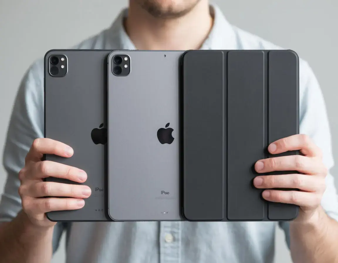 Сравнение трёх типов чехлов для iPad: тонкий Smart Folio, универсальный чехол с подставкой и ударопрочный чехол в руках пользователя.