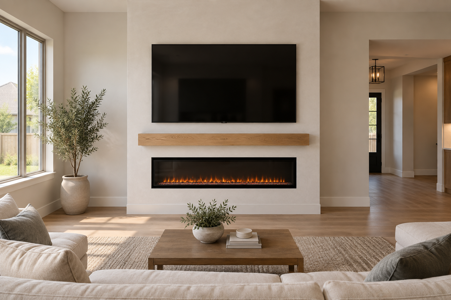 Complete media wall with a mounted TV, linear electric fireplace, natural oak mantel, and smooth plaster-style finish.