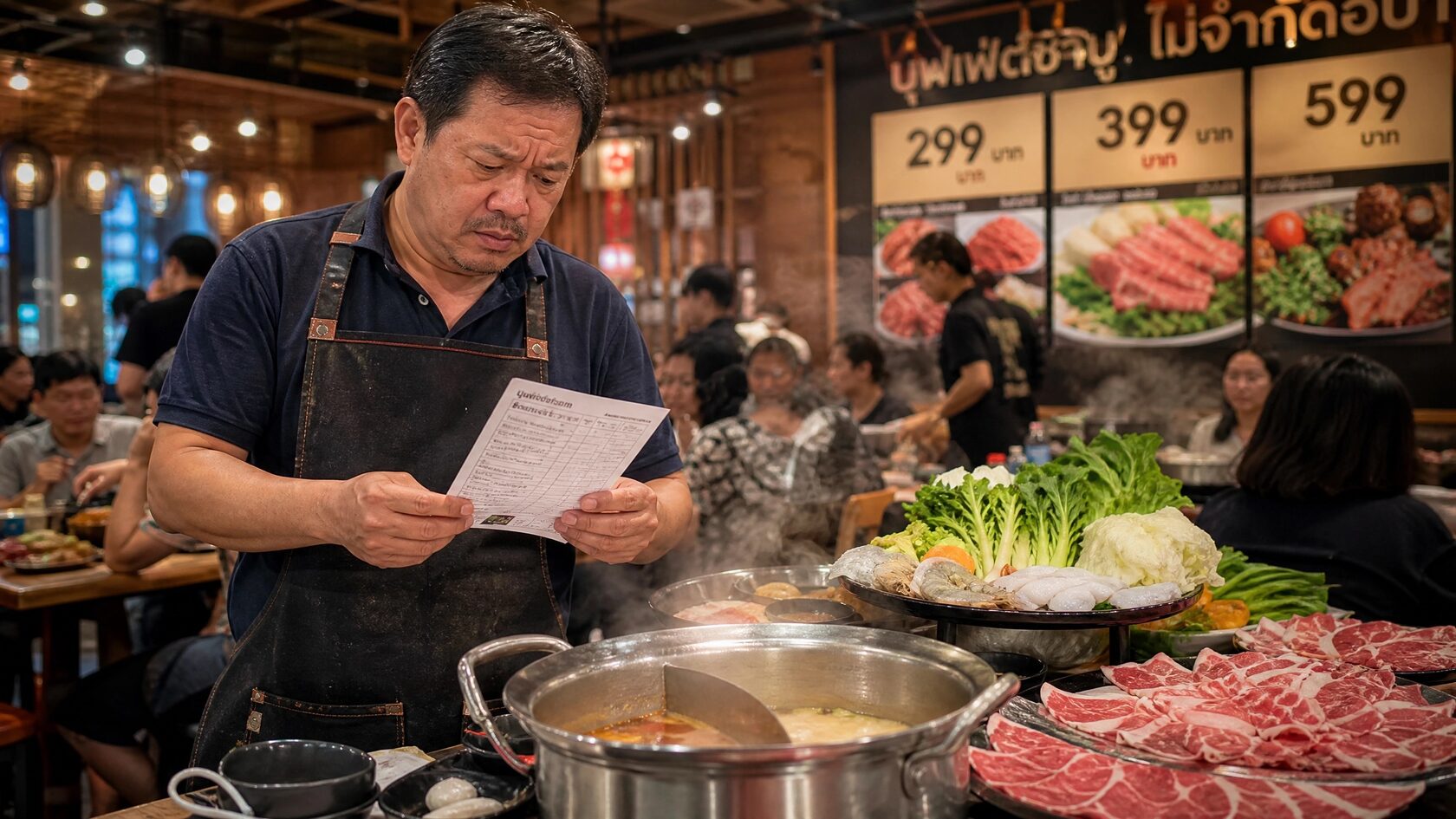 เจ้าของร้านชาบูบุฟเฟ่ต์กังวลถือใบสั่งกระดาษ หน้าหม้อสุกี้เนื้อและซีฟู้ด พื้นหลังป้ายราคาบุฟเฟ่ต์ 299 399 599 บาท ช่องโหว่ร้านชาบูบุฟเฟ่ต์