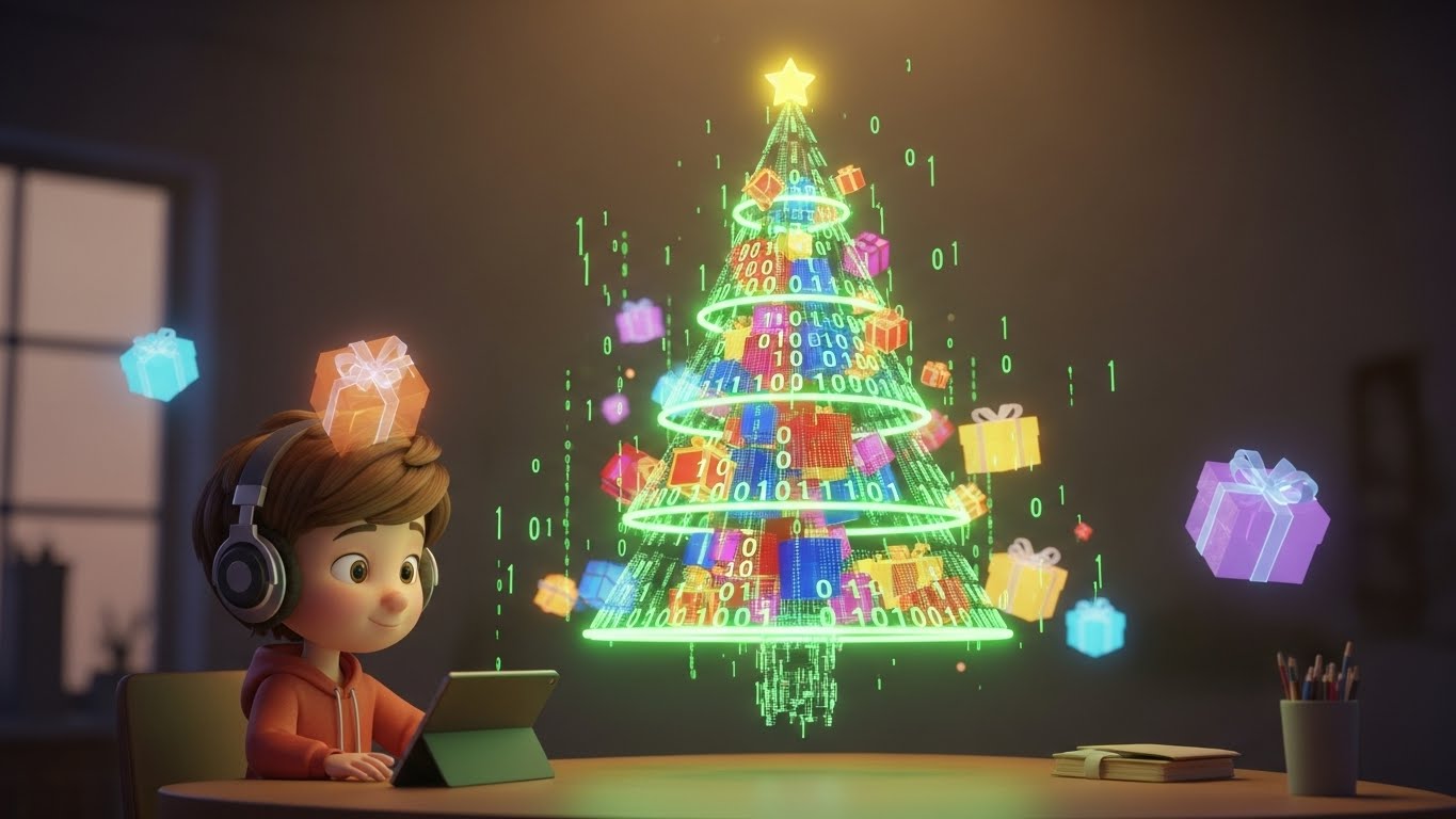 Ребенок создает цифровую новогоднюю елку из кода с помощью нейросети: концепт ИИ как нового инструмента для творчества.