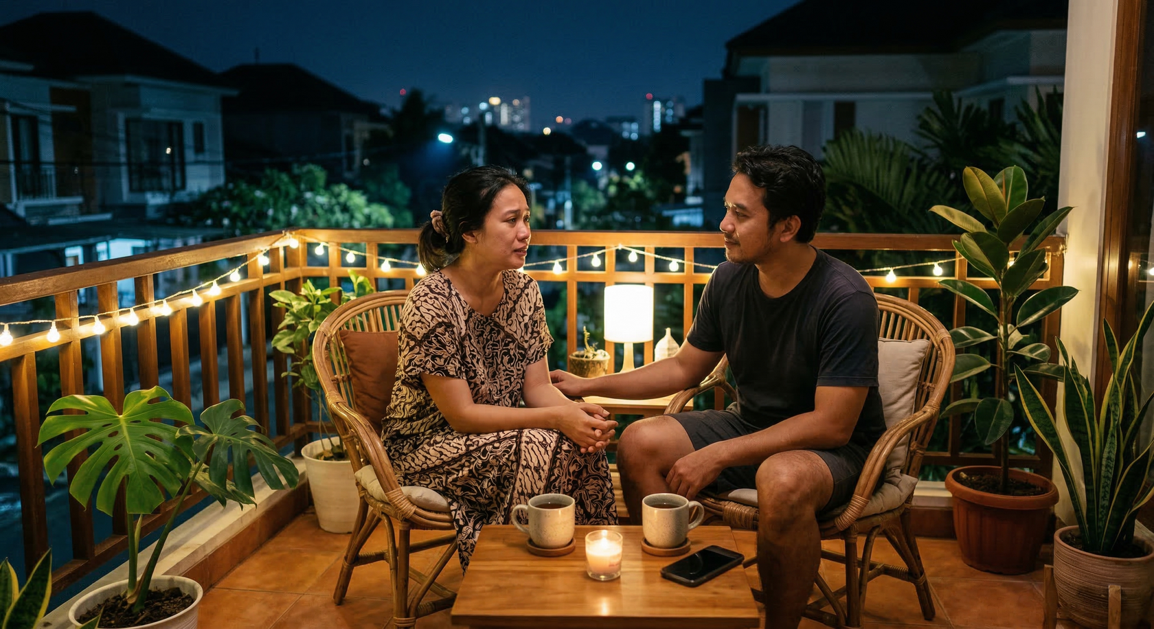 Pasangan berbicara serius di balkon pada malam hari sambil saling memegang tangan, ilustrasi menyelesaikan konflik dengan tenang dan saling menghormati