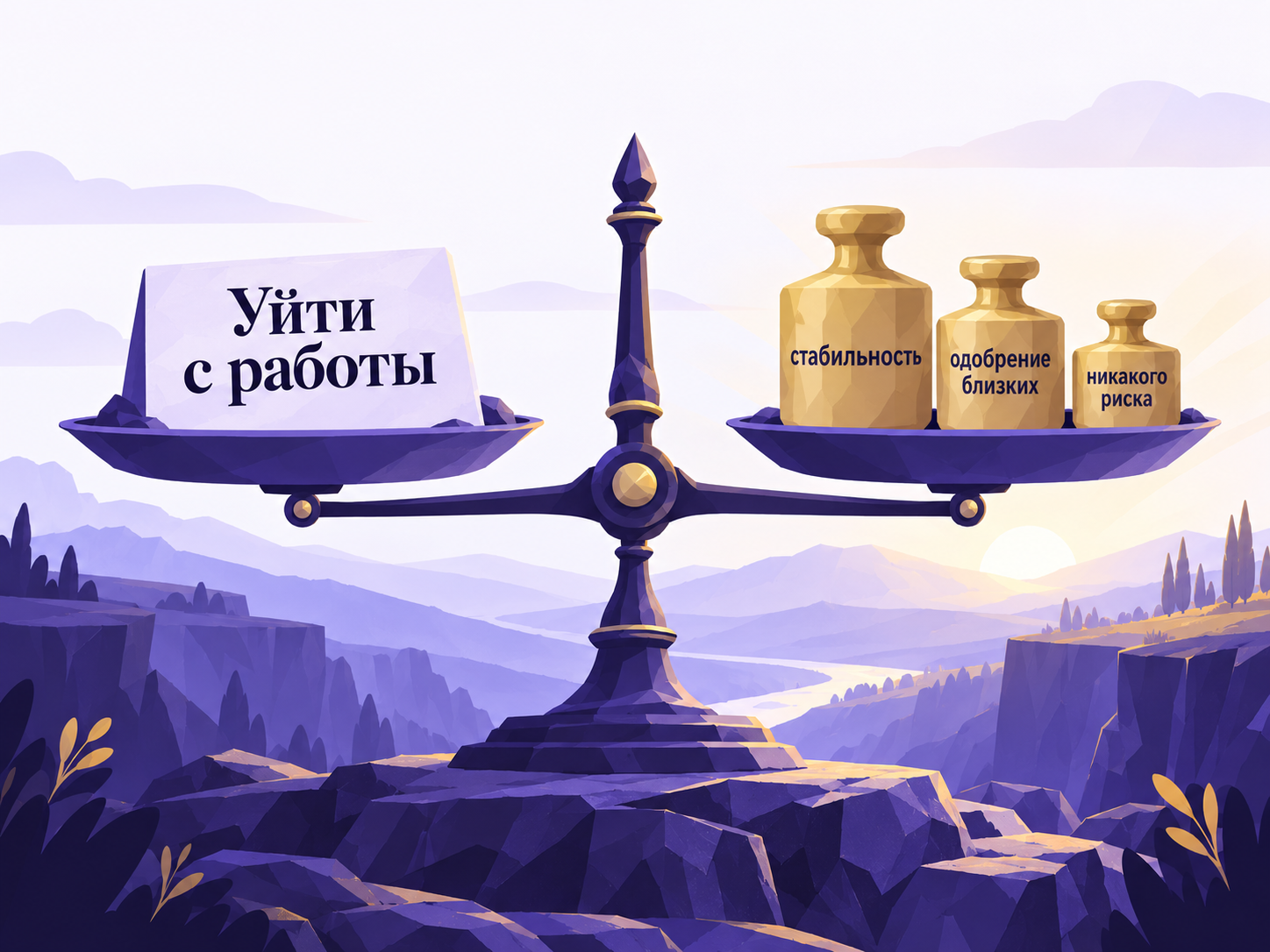 Весы в равновесии: на одной чаше «Уйти с работы», на другой «стабильность», «одобрение близких», «никакого риска»
