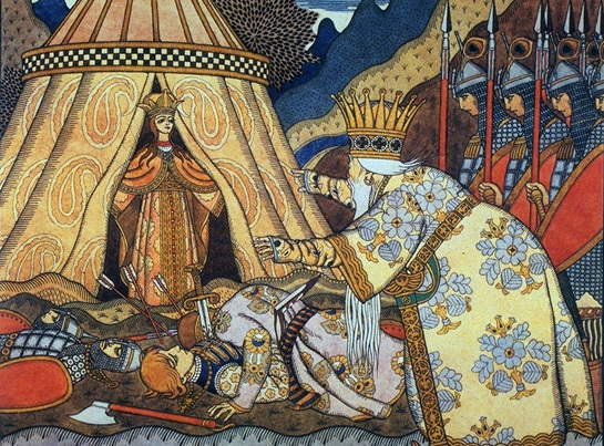 Иван Билибин - Встреча царя Дадона с Шемаханской царицей (иллюстрация к «Сказке о золотом петушке», 1907)