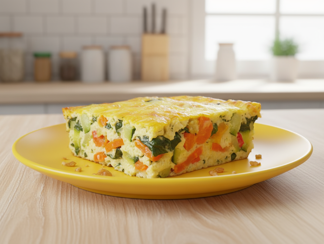 Готовая овощная запеканка с цукини, баклажанами, морковью и сыром, нарезанная на порционные куски.