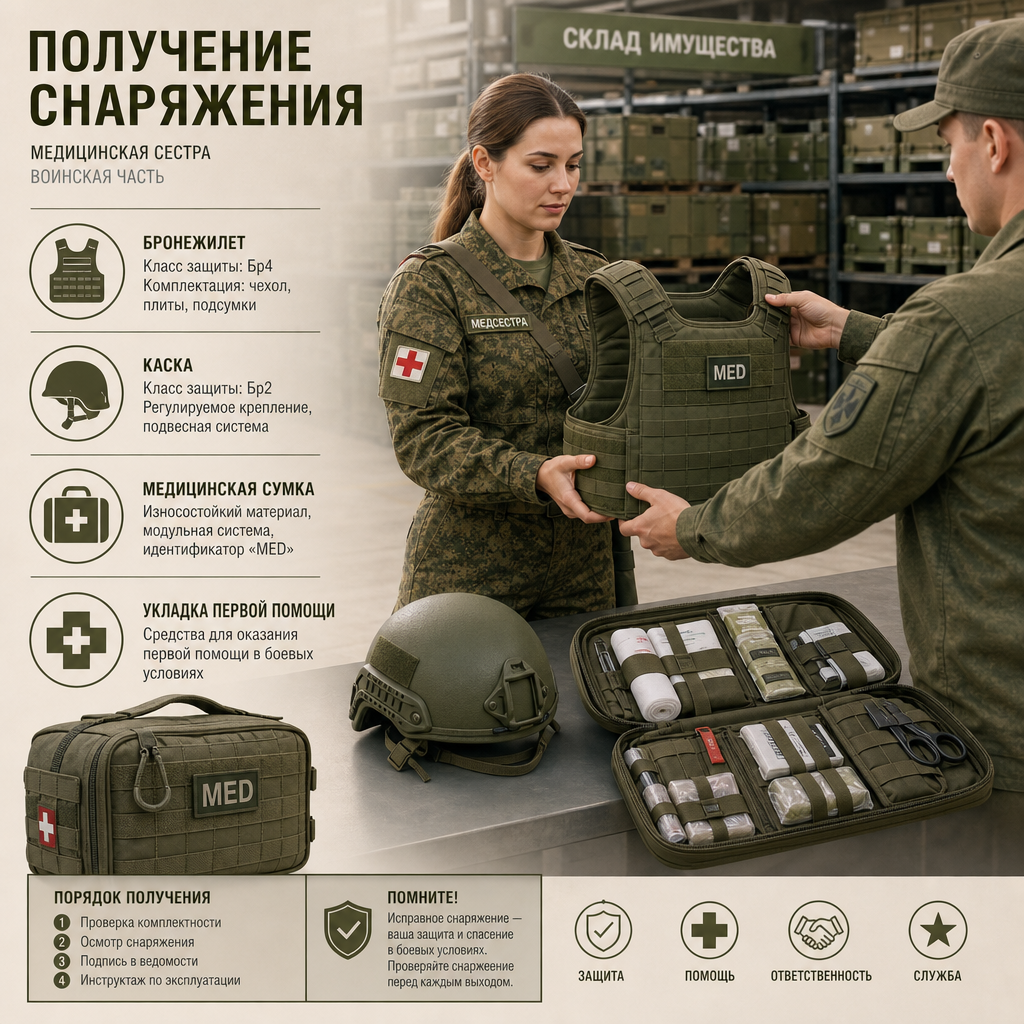 Военная медицинская сестра получает снаряжение на складе воинской части — бронежилет, каска, медицинская сумка с укладкой первой помощи на столе