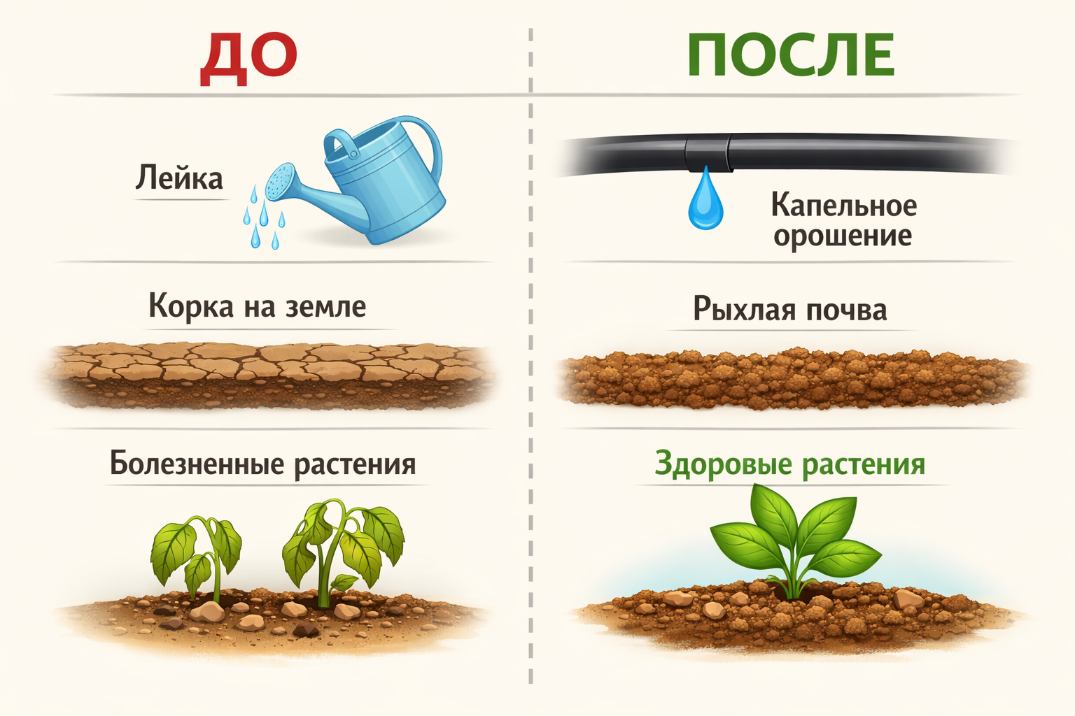 Сравнение ручного полива и капельного орошения: влияние на почву и здоровье растений