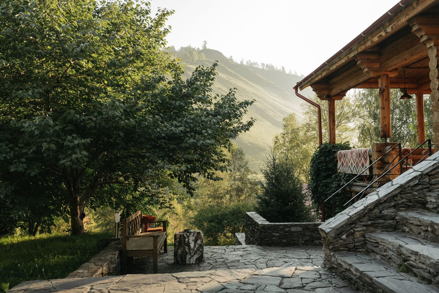 Wooden chalet terrace with mountain view
