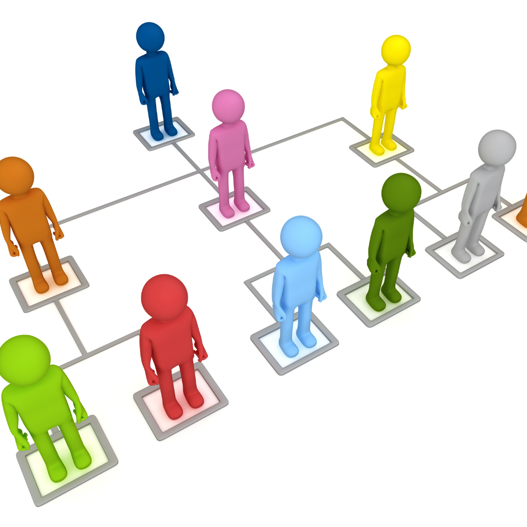 a group of people are standing in a network diagram