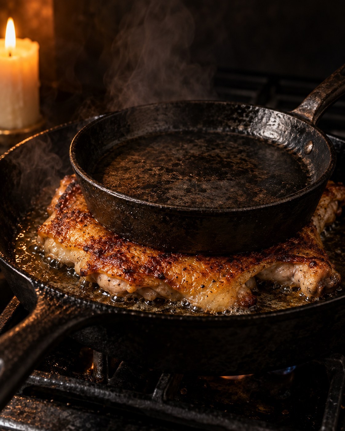 Half a chicken searing skin side down in a cast-iron skillet under the weight of a smaller pan, the skin turning deep gold