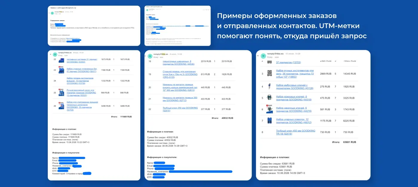 Примеры оформленных B2B-заказов и отправленных контактов из корзины с UTM-метками