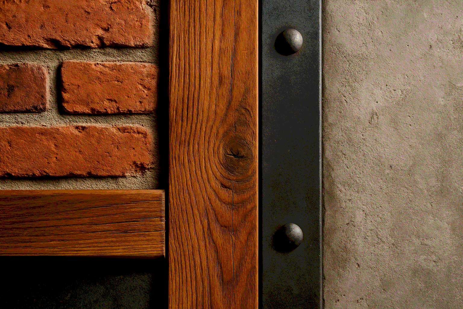 Материалы лофта крупным планом: кирпич, дерево, металл и штукатурка