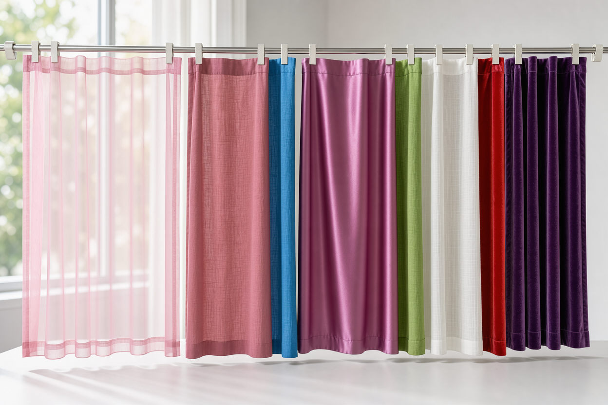 Curtains hung to dry on a straight rod indoors, spread evenly to avoid creases, showing different fabric types and natural light, no cleaning products
