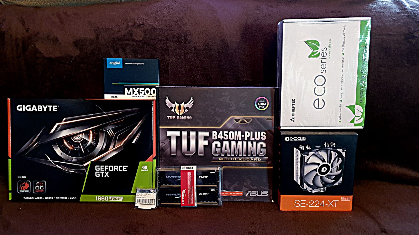 Ryzen 5 3600, gtx 1660 super, asus tuf, crucial, idcooling. hyperx fury.