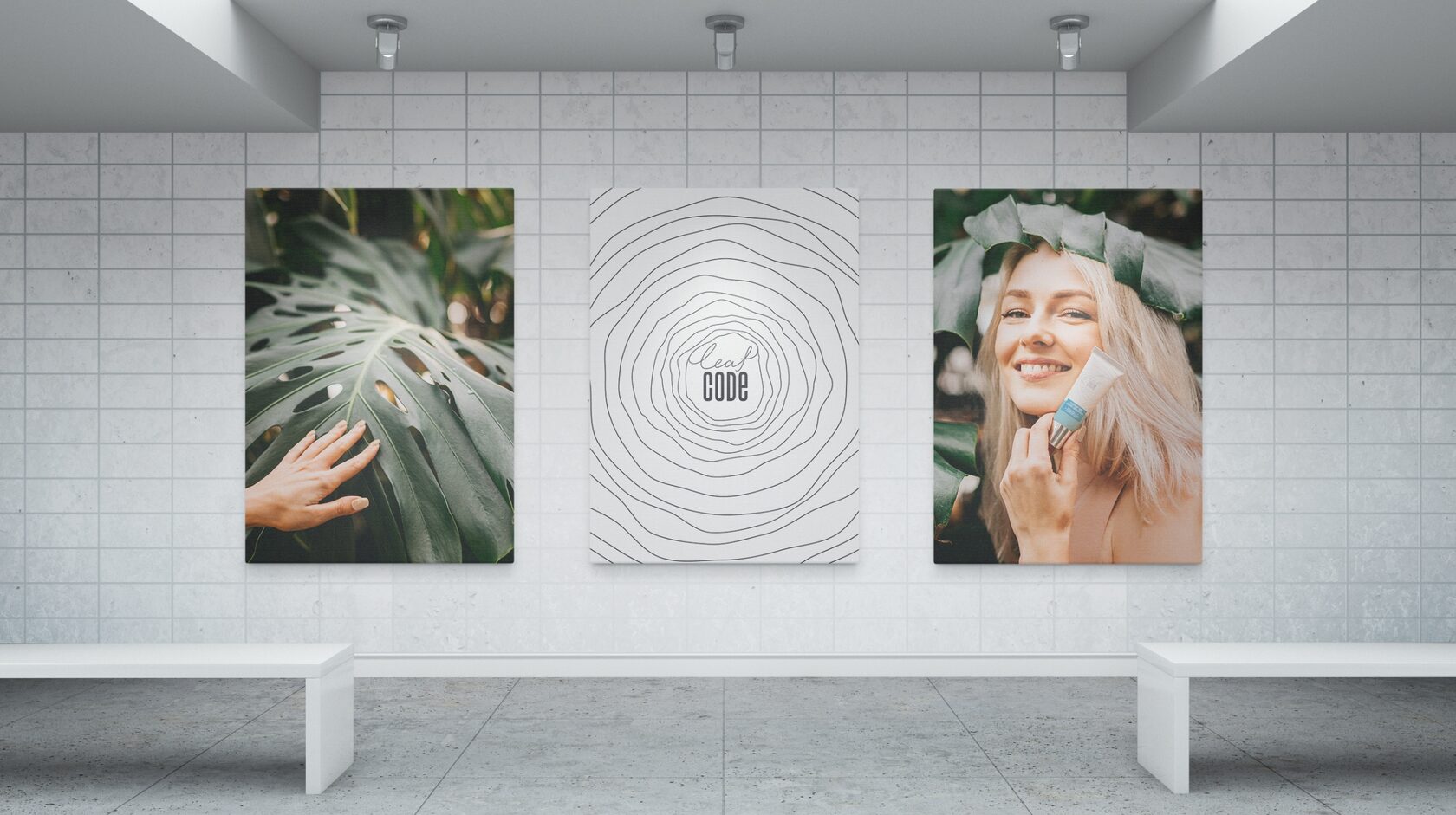 Улыбающаяся девушка держит косметический продукт Leaf Code на фоне зелёных листьев, подчеркивая природность и заботу о коже