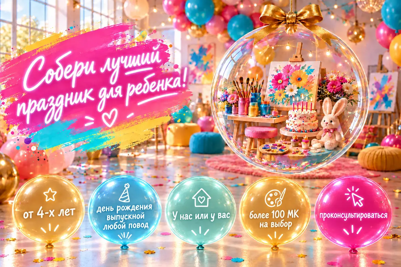 Собери лучший праздник для ребёнка. От 4 лет. День рождения, выпускной, любой повод. У нас или у вас. Более 100 мастер-классов на выбор.