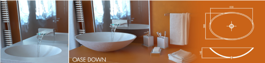 Раковина OASE DOWN из акрилового камня, размеры: ширина 630 мм, глубина 380 мм, высота борта 146 мм. Овальная форма, схема параметров и монтажа.