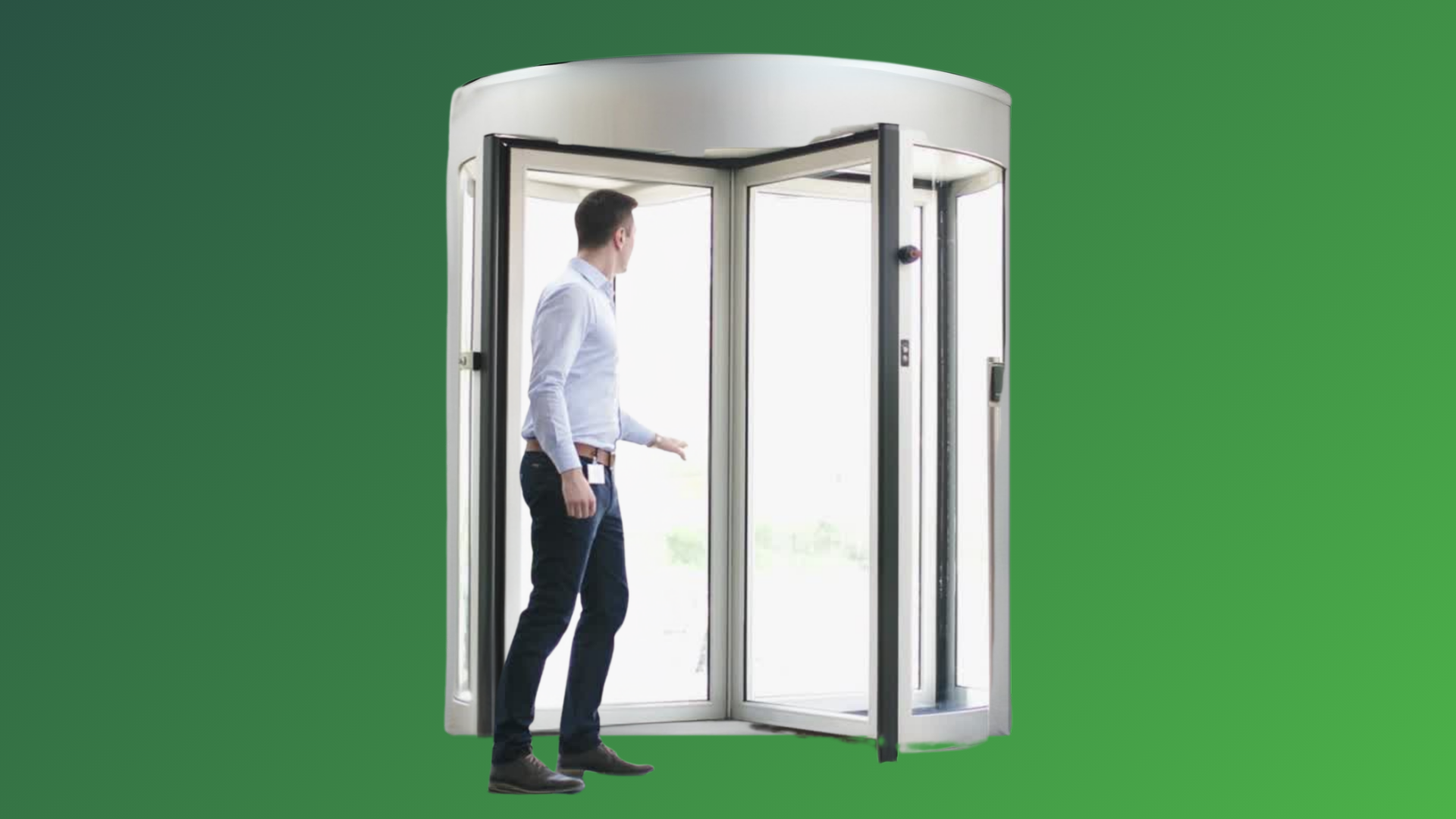 man walking through a revolving door