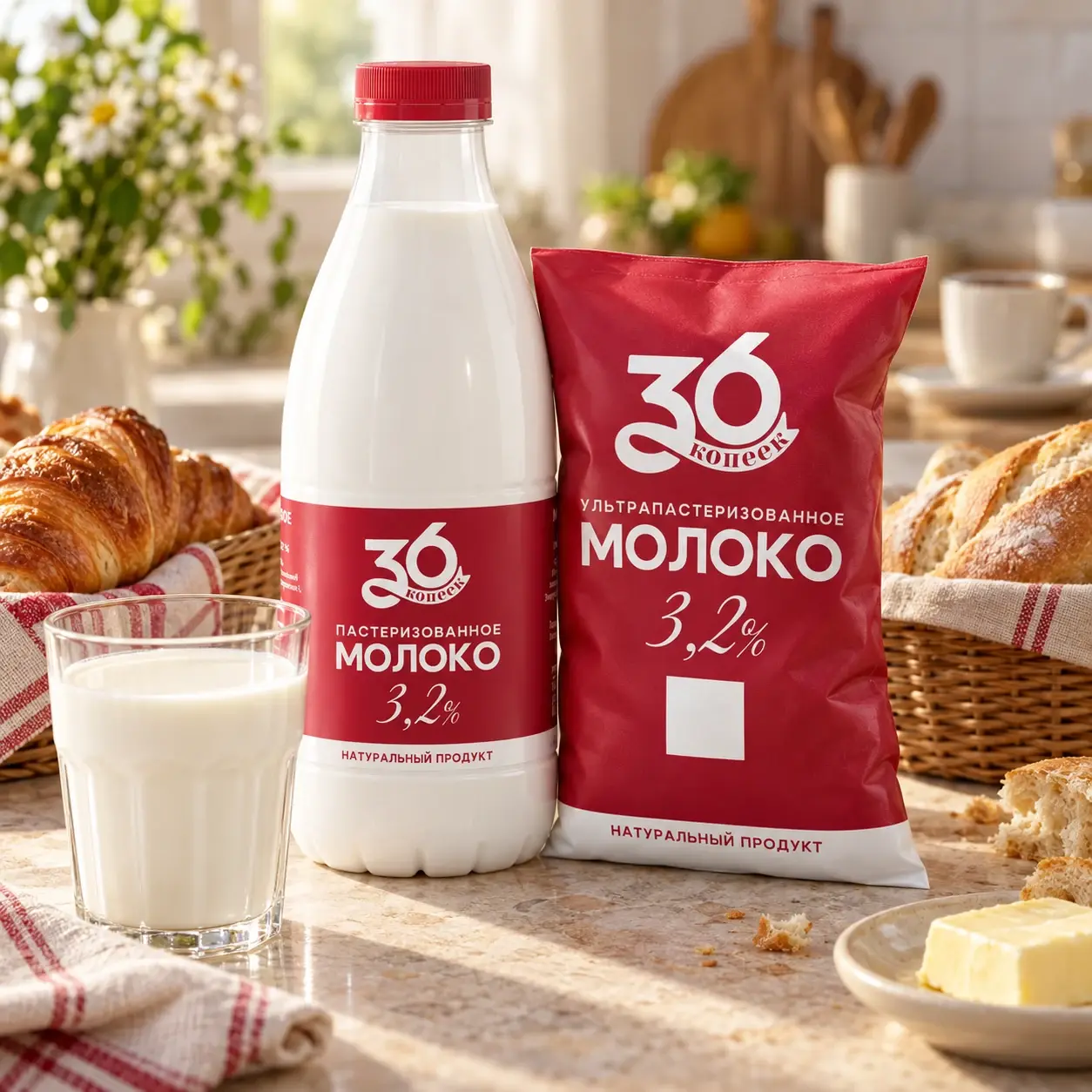 Молоко 36 копеек 3,2% — бутылка и пакет