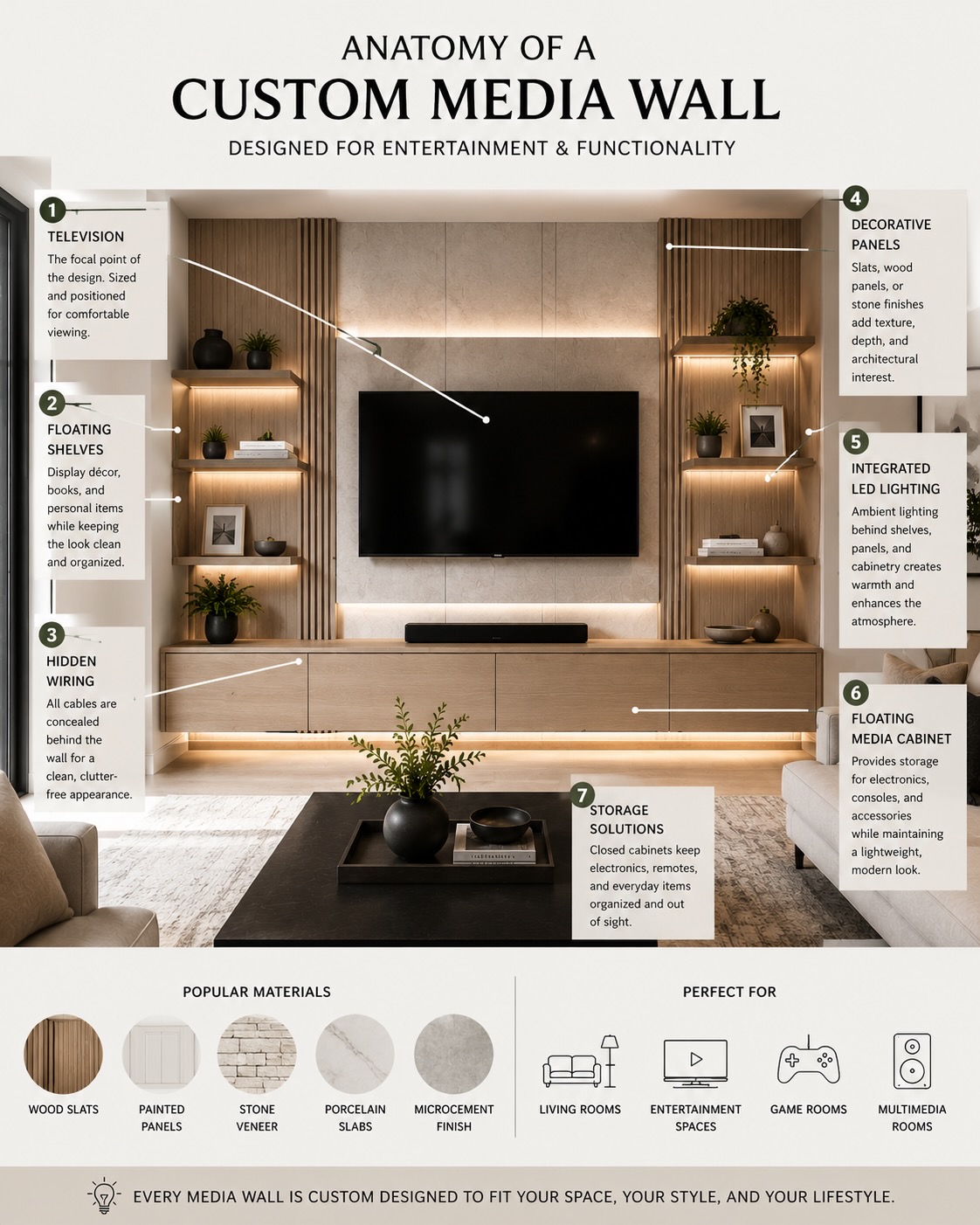 Architectural diagram illustrating the components of a custom media wall, including a television, floating media cabinet, display shelving, concealed wiring, LED lighting, decorative wall panels, and integrated storage.