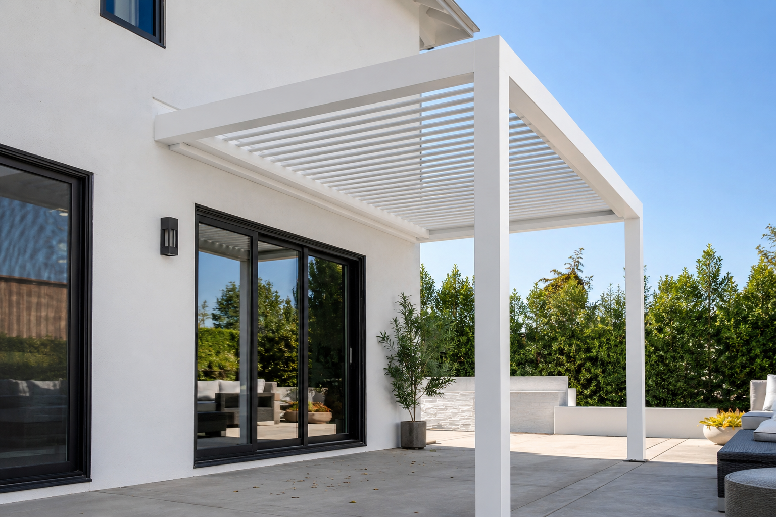 custom white aluminum pergola installation in Mesa Verde Costa Mesa CA for shaded outdoor dining