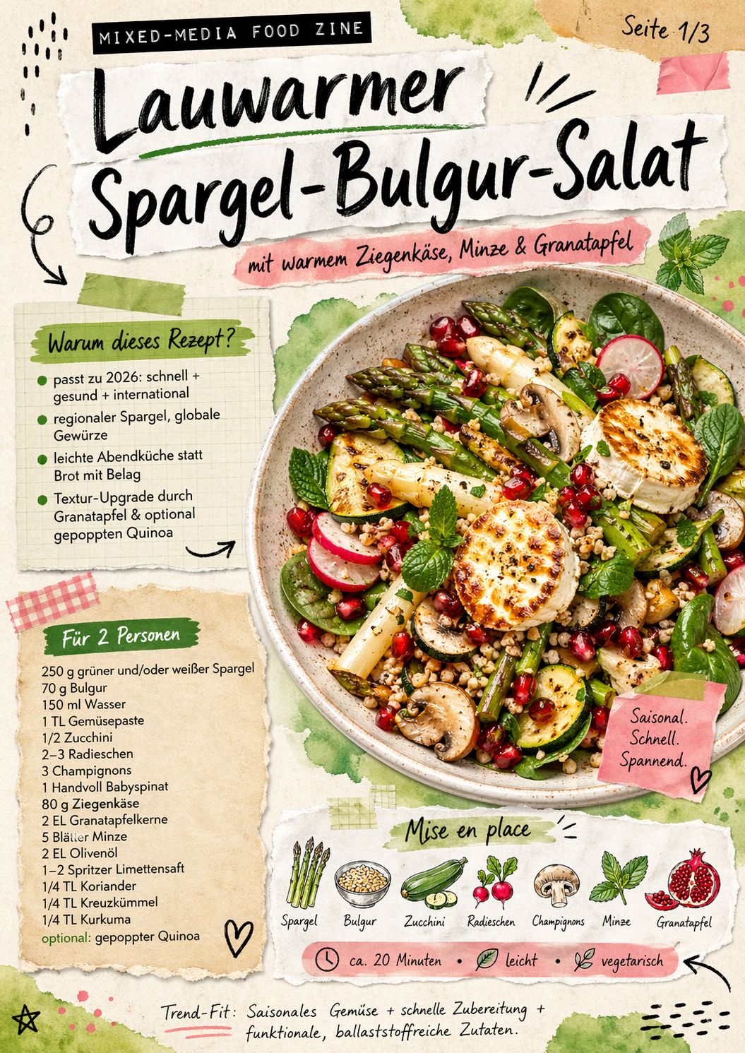 Rezeptübersicht für lauwarmen Spargel-Bulgur-Salat mit Ziegenkäse, Zutatenliste und angerichtetem Salat mit Spargel, Zucchini, Champignons und Granatapfelkernen