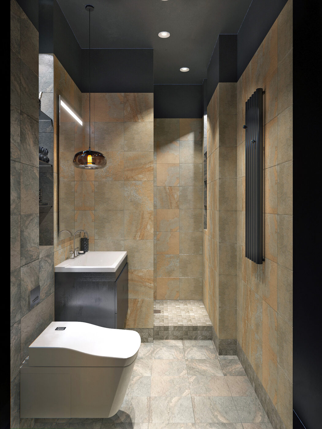 Salle de bain minimaliste avec grès cérame et touches noires dans un petit appartement