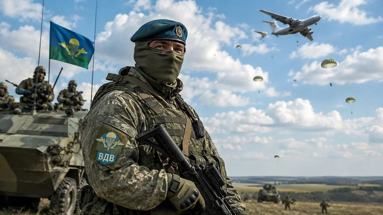 Десантник ВДВ с боевой техникой и флагом