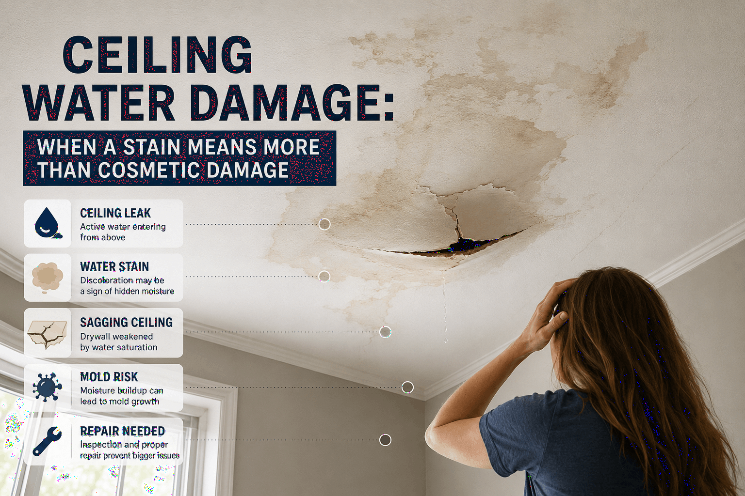 Ceiling water damage infographic showing a water stain on ceiling drywall active ceiling leak sagging ceiling cracked drywall dripping water and homeowner inspecting possible hidden moisture