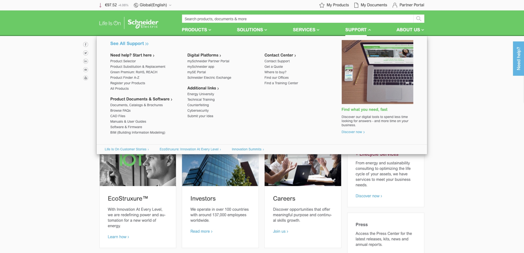 Раздел «Поддержка» на сайте Schneider Electric