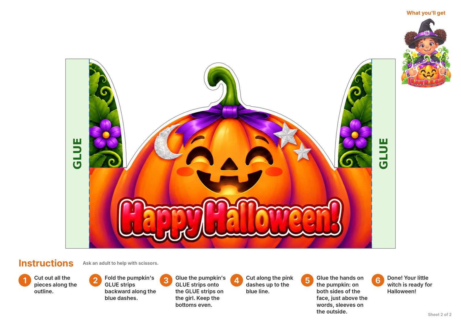 Pumpkin Pals sheet 2: jack-o'-lantern with Happy Halloween and 6 illustrated instructions