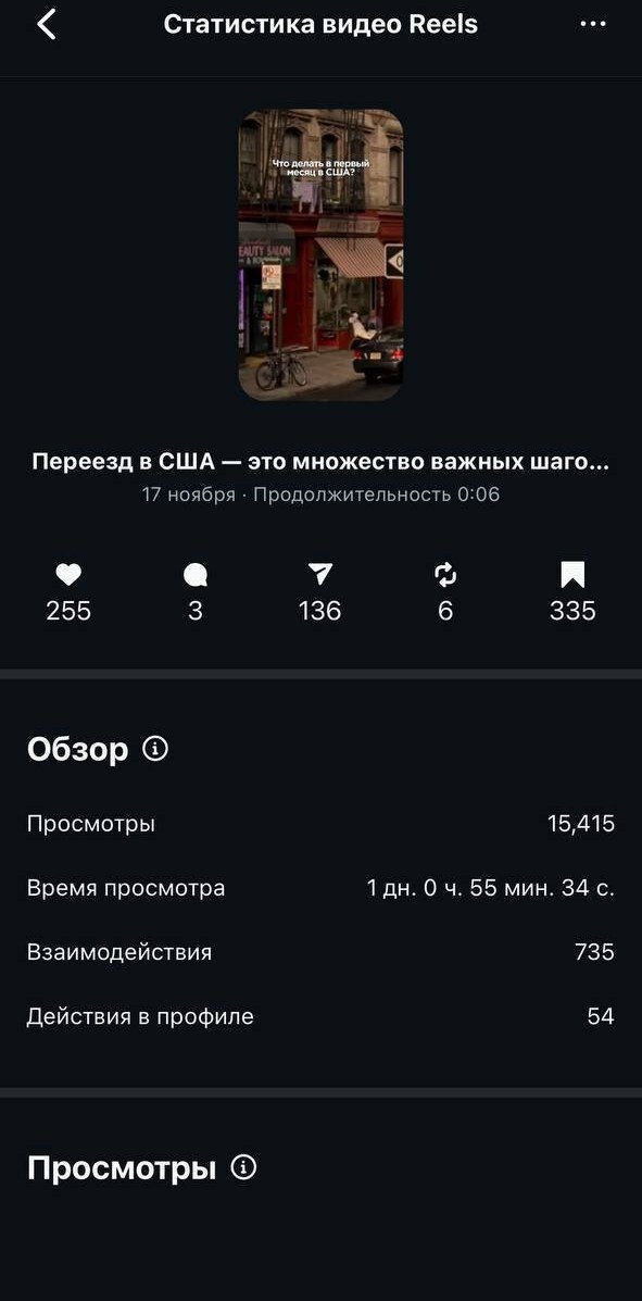 Статистика ролика «Переезд в США — это множество важных шагов»: 15 415 просмотров и 335 сохранений.