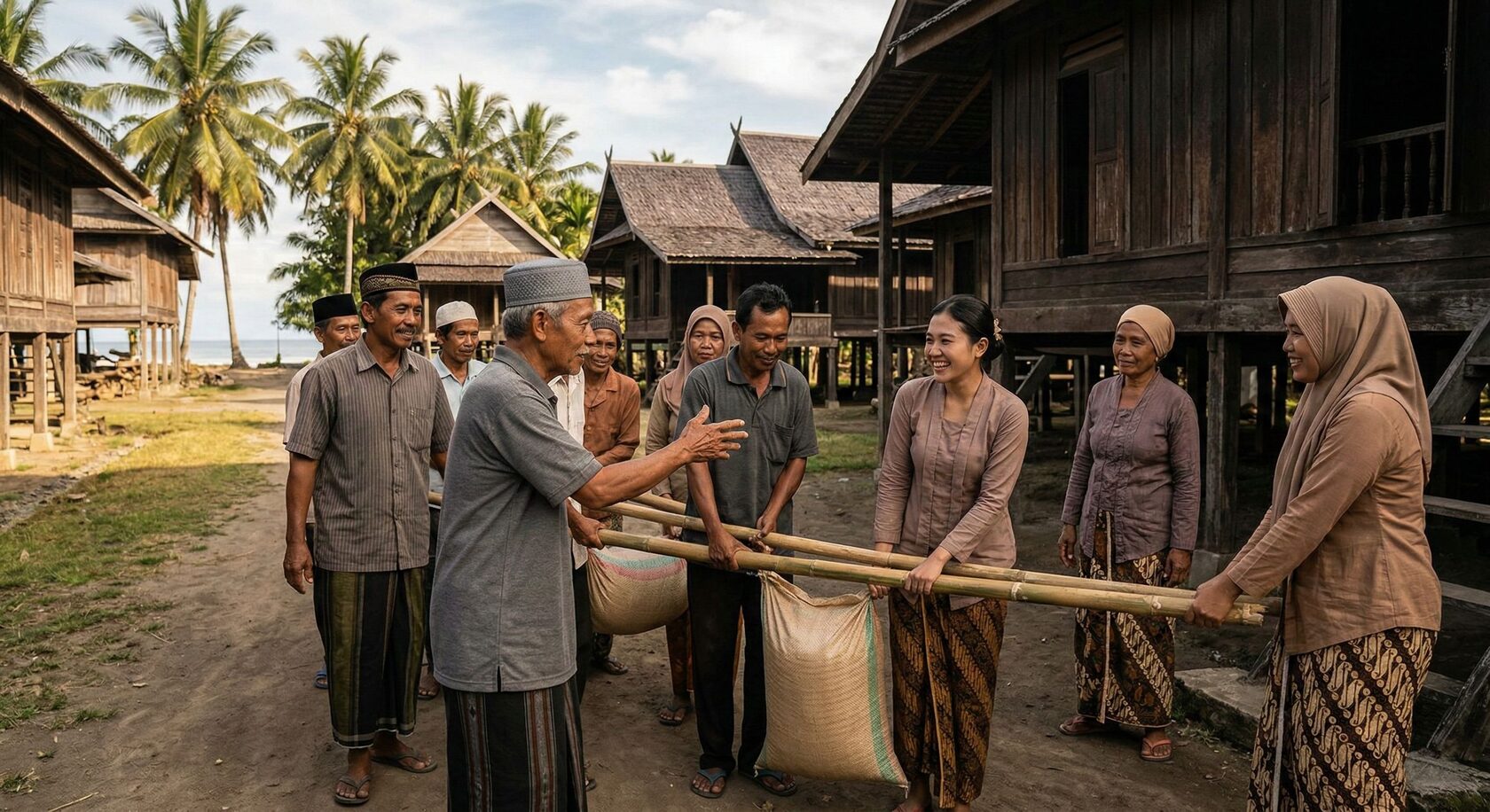 Warga Bugis saling membantu di lingkungan rumah panggung tradisional, menggambarkan nilai pesse, solidaritas, dan kebersamaan sosial