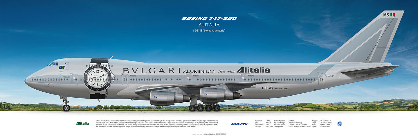 Плакат, самолёт Boeing 747-200 Alitalia I-DEMS, в ливрее BVLGARI, на фоне пейзажа
