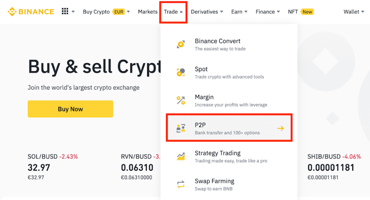 Step 1 of how to buy crypto P2P on Binance
