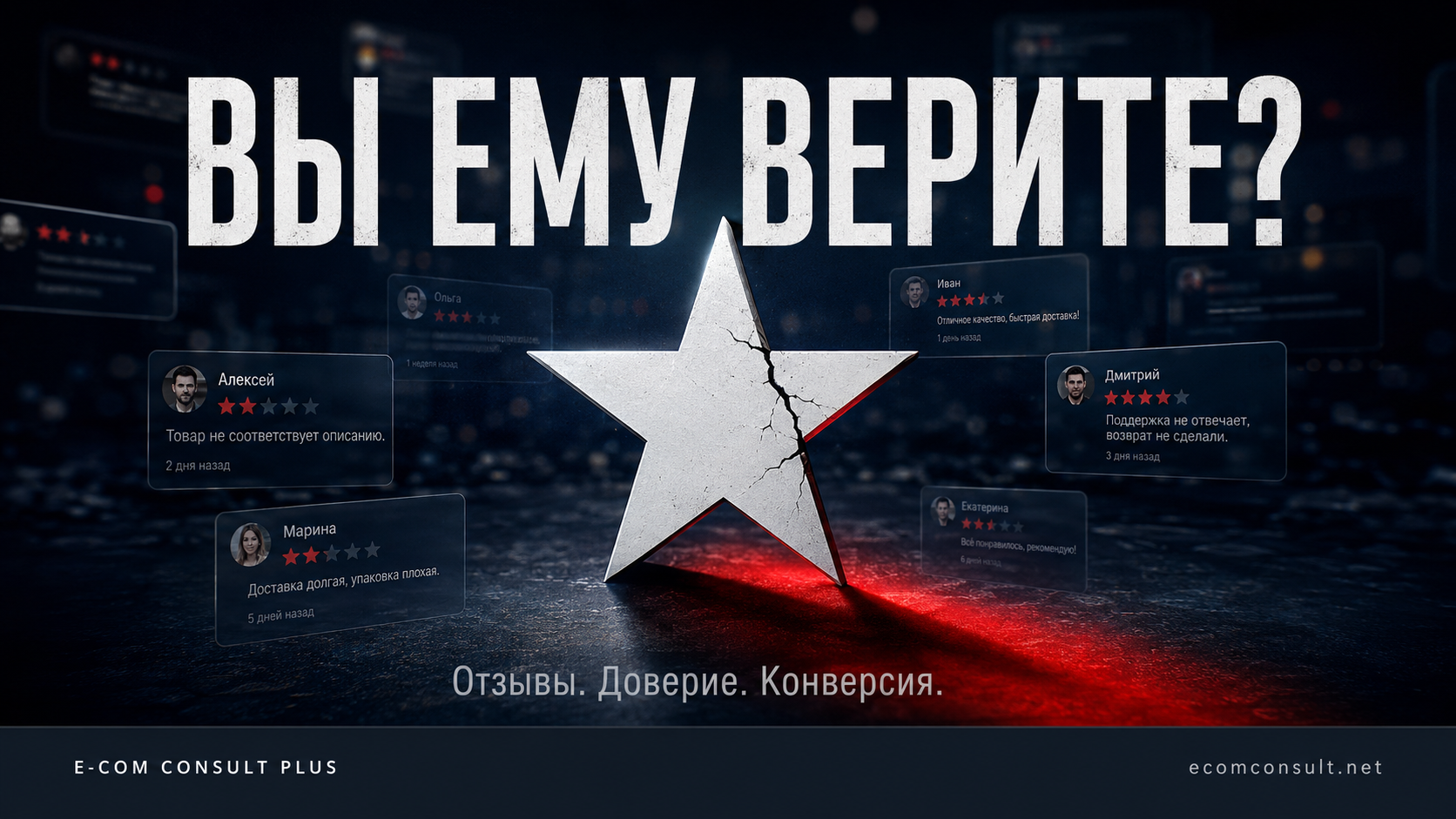 Постер статьи о отзывах в интернет-магазине: звезда рейтинга на тёмном фоне текст ВЫ ЕМУ ВЕРИТЕ — E-COM CONSULT PLUS