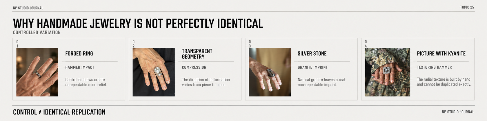 Why handmade jewelry is not perfectly identical — four NP Studio examples of controlled variation