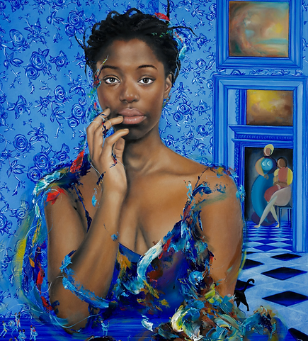 На обложке для конкурса художников девушка стоит на фоне картин, испачканная в синей краске