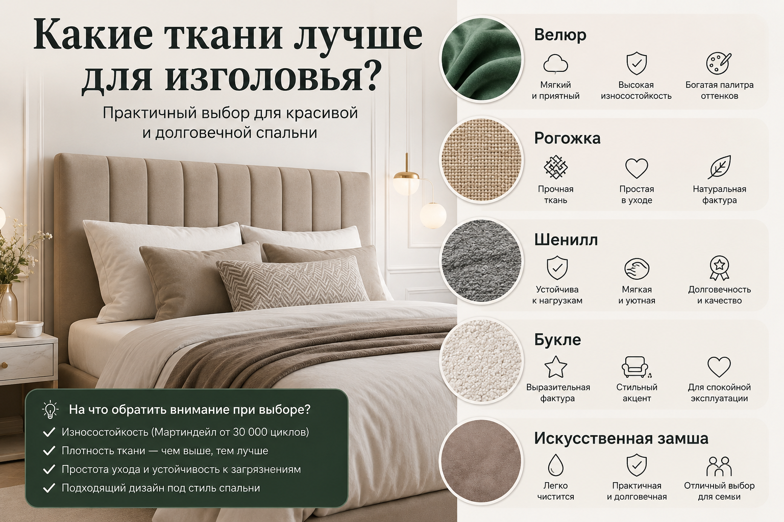 Какие ткани лучше для изголовья кровати — современное мягкое изголовье в спальне с примерами мебельных тканей: велюр шенилл рогожка букле и искусственная замша для долговечной и практичной обивки.