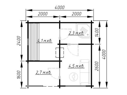 Проект бани 2 из бруса Площадь: 16 м² Размер: 4х4 м План 