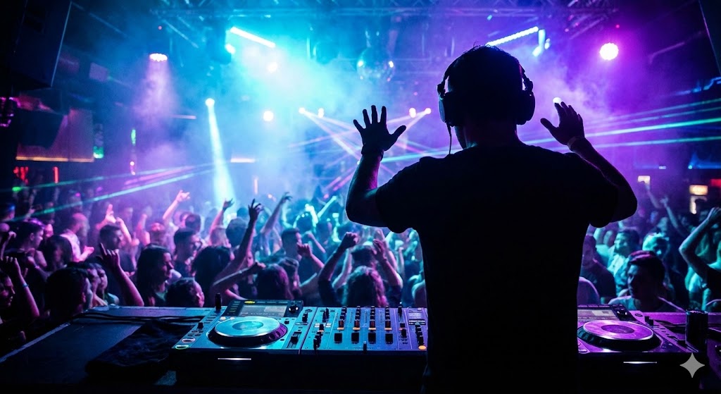 Силуэт профессионального диджея за микшерным пультом в лучах неона в честь Дня диджея.