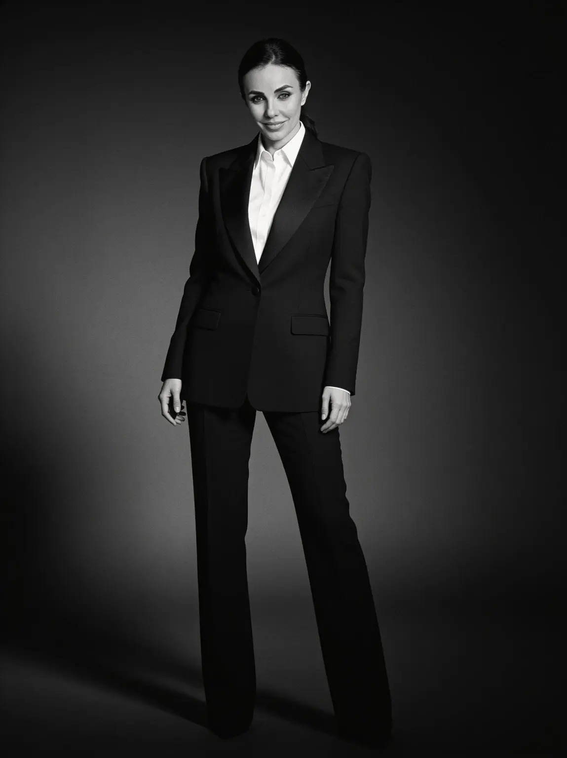 Julia Khadartseva in a black suit