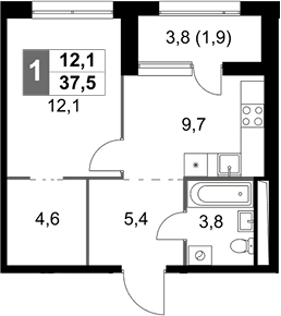 1-комн — 37,5 м²
