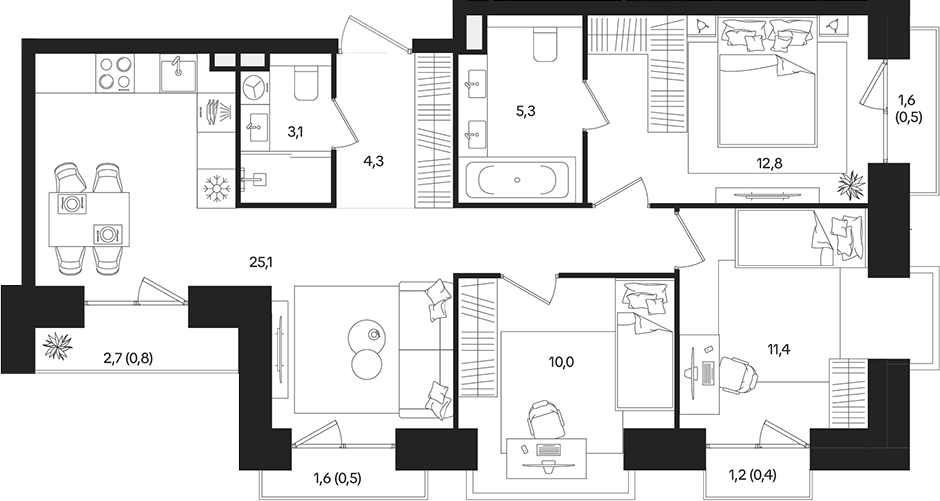 4‑комн квартира ~93 м²
