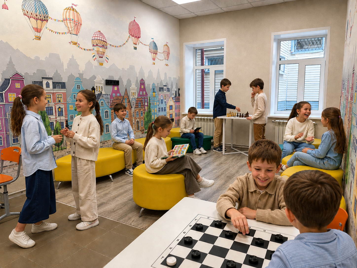 Ученики отдыхают, общаются и играют в светлом школьном пространстве