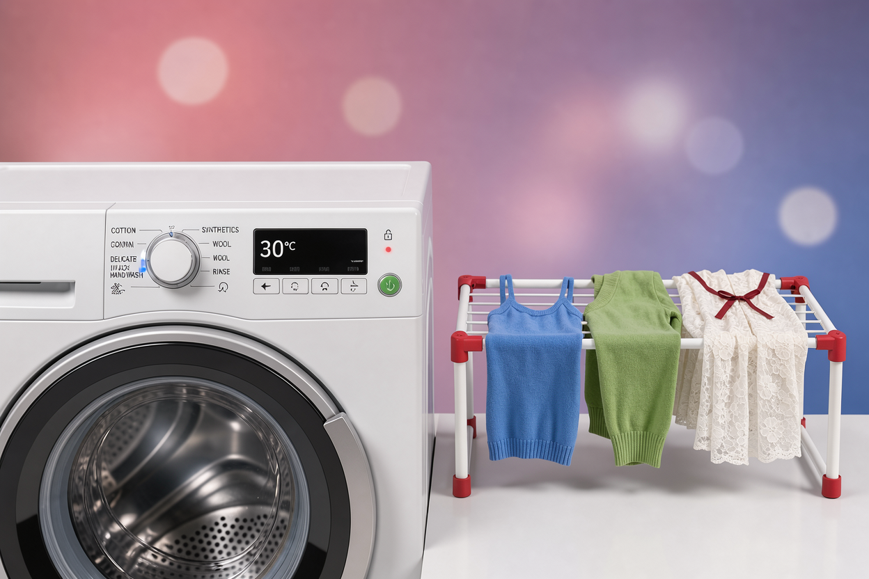 Washing machine control panel with a delicate/hand-wash program selected, and a nearby drying rack with delicates laid flat to dry