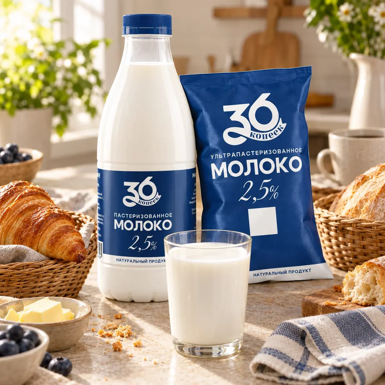 Молоко 36 копеек 2,5% — бутылка и пакет