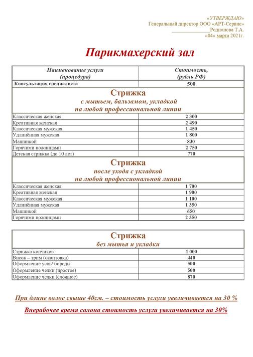 Режим работы парикмахерской образец